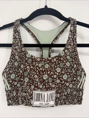 Lorna Jane Brown Floral Racerback Sports Bra with Mint Accents